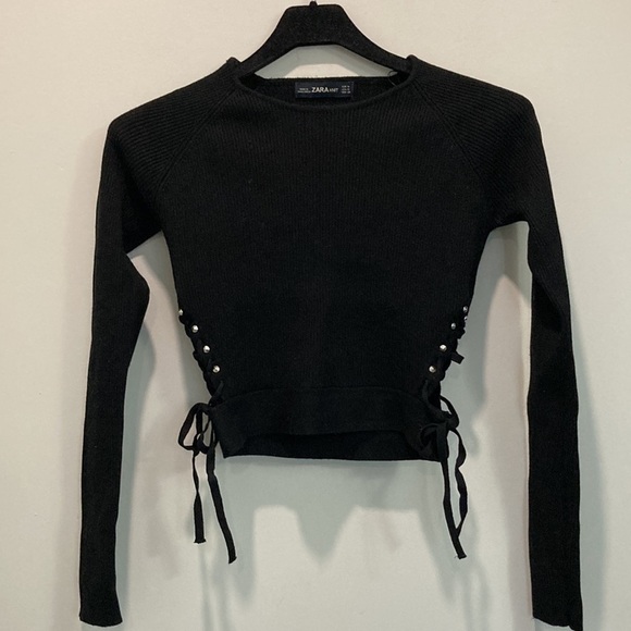 ZARA Black Ribbed Fitted Crop Sleeved Top - Picture 11 of 12